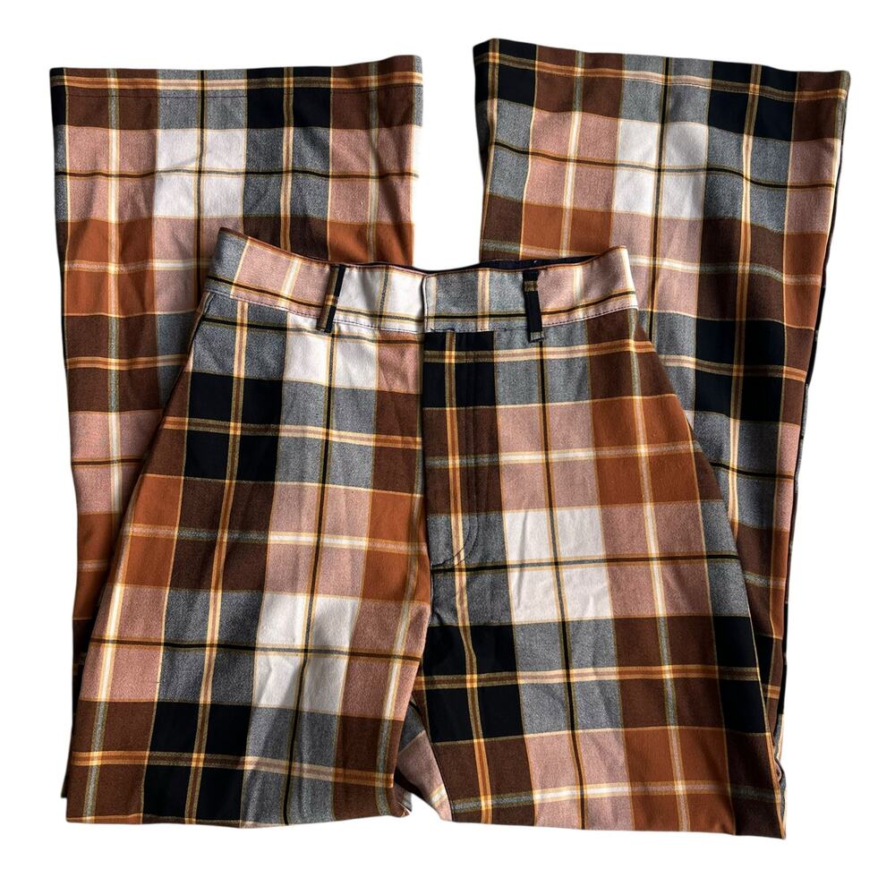 Free People Plaid Flare Pants Sz 4 Retro 70s Academia Chic Wide Leg Old Money